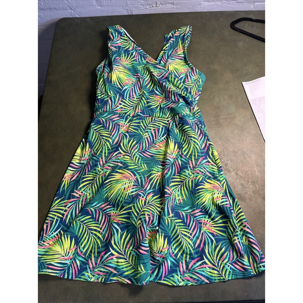 Lands End Womens Navy Tropical Leaf‎ Print V-Neck Swim Dress Size 6